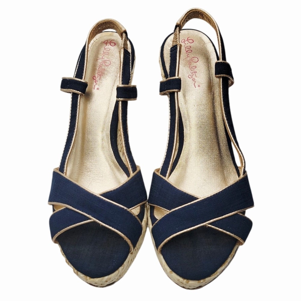 Lilly Pulitzer Women's Wedge Sandals Navy Blue Gold Espadrille Slingback Size...